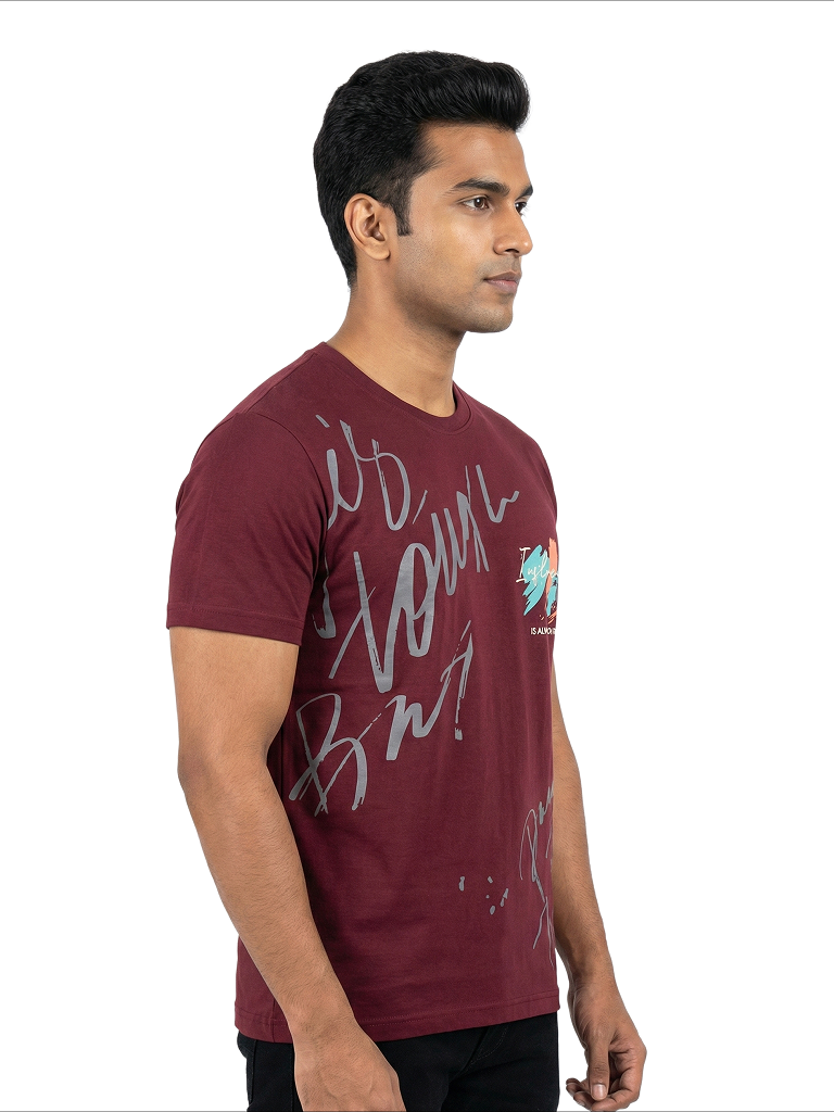Shop Men's Cotton Letter Print T Shirt Left View - Maroon 