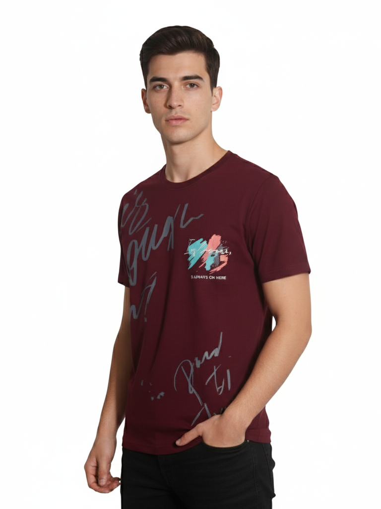 Shop Men's Cotton Letter Print T Shirt Right View - Maroon 