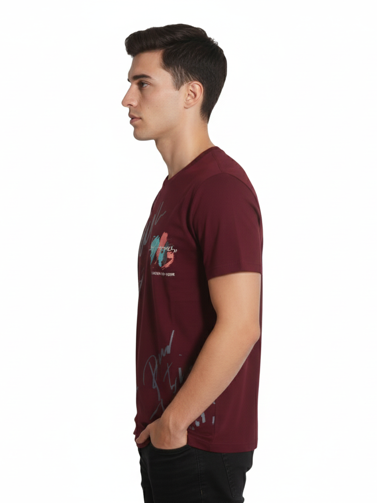 Shop Men's Cotton Letter Print T Shirt Right View - Maroon 