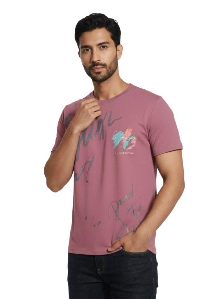 Shop Men's Cotton Letter Print T Shirt Front Angle View - Pink 