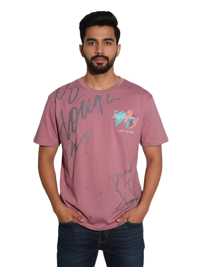 Shop Men's Cotton Letter Print T Shirt Front View - Pink 