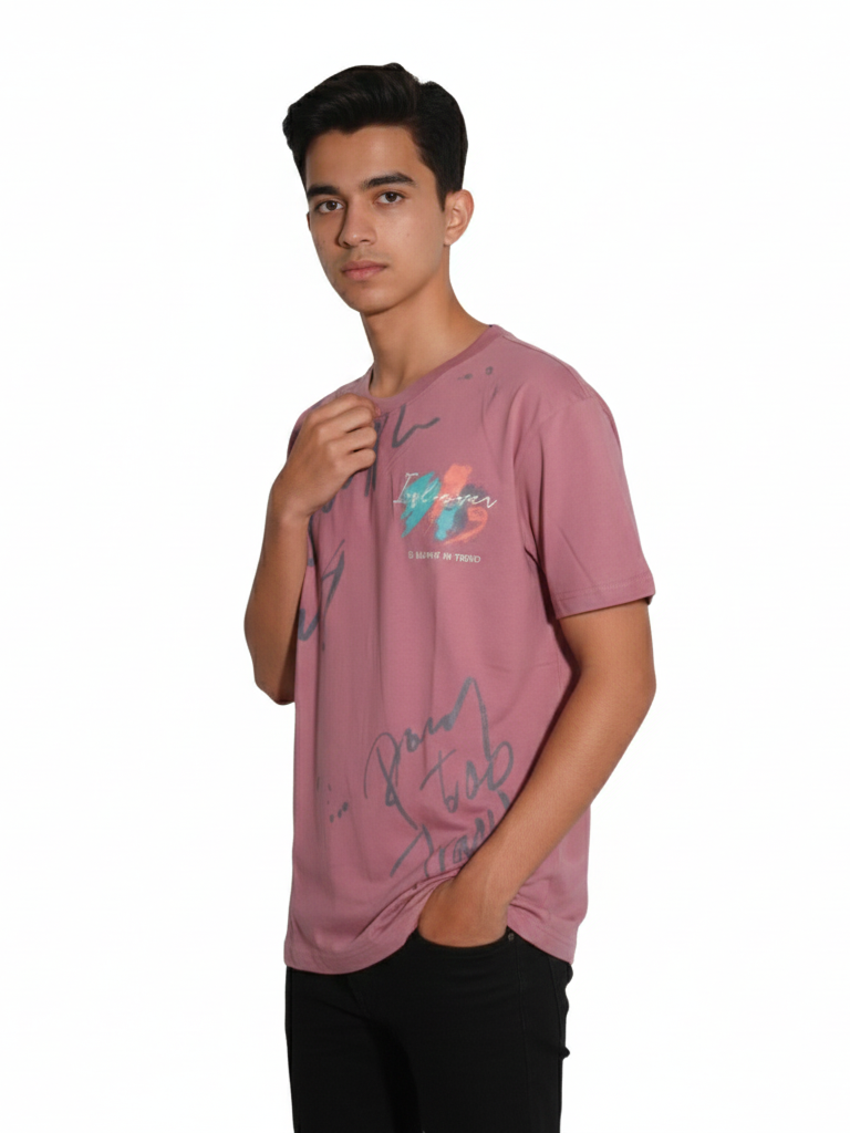 Shop Men's Cotton Letter Print T Shirt Left View - Pink 