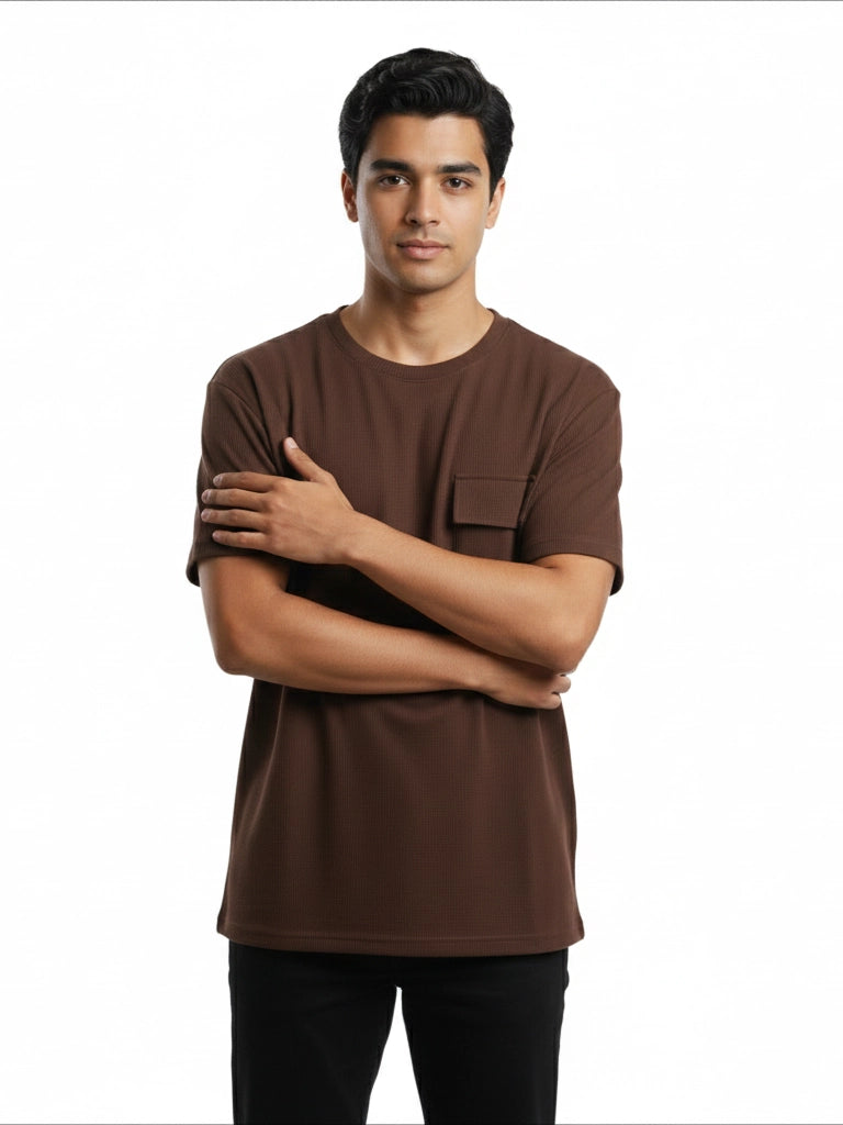 Shop Men’s Cotton Plain Round Neck T Shirt With Pocket Front  View- Dark Brown
