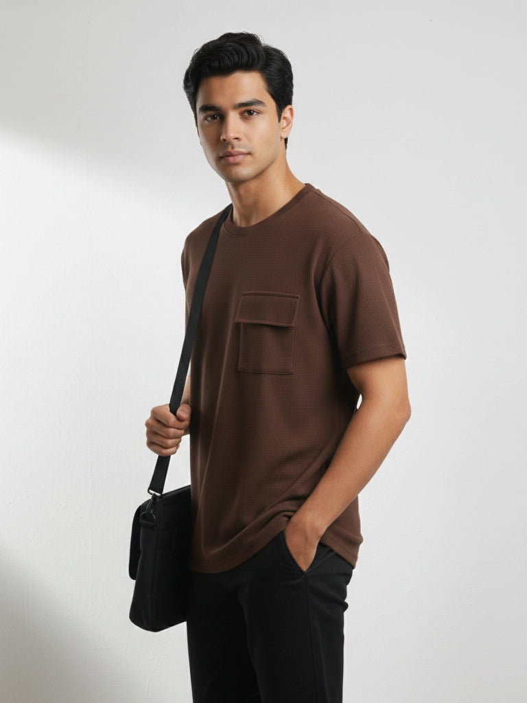 Shop Men’s Cotton Plain Round Neck T Shirt With Pocket Left View- Dark Brown