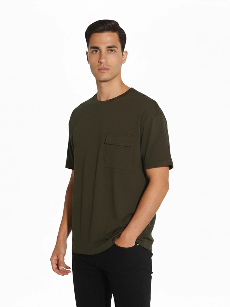 Shop Men's Cotton Plain Round Neck T Shirt With Pocket Left View - Olive
