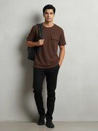 Shop Men’s Cotton Plain Round Neck T Shirt With Pocket Full View- Dark Brown