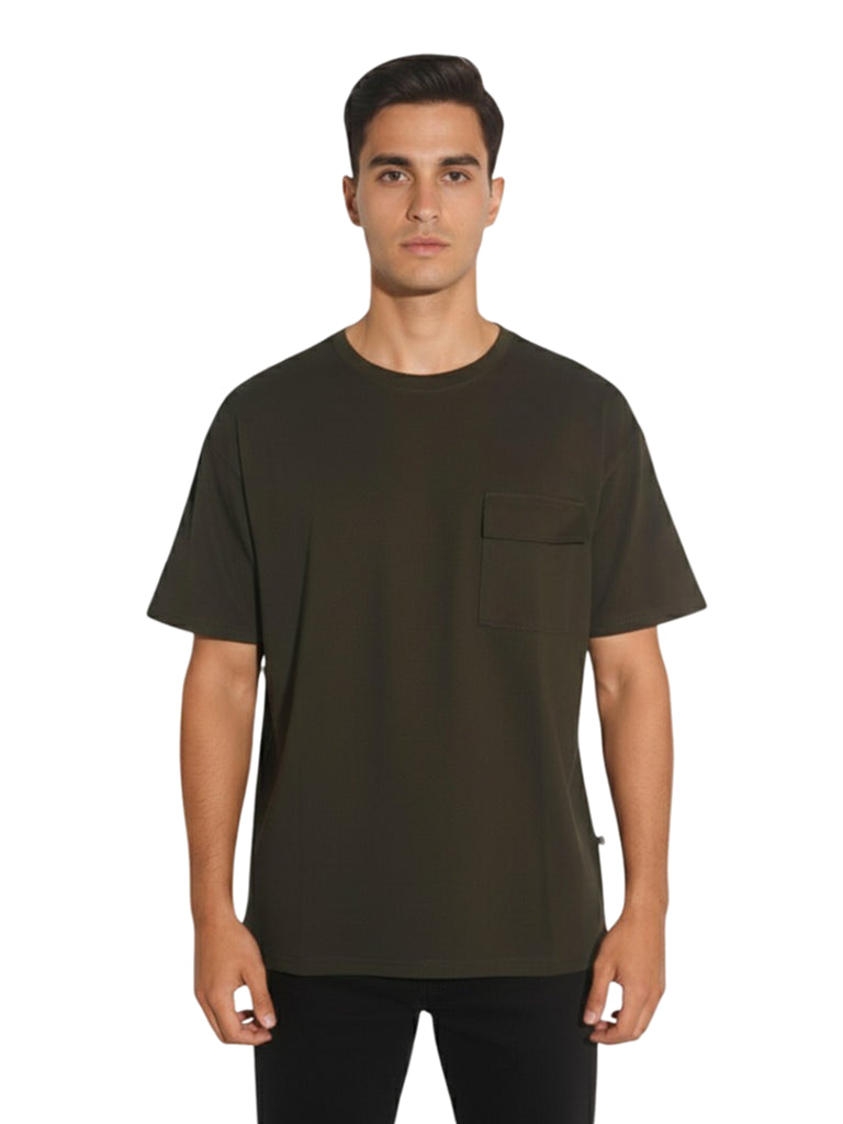 Shop Men's Cotton Plain Round Neck T Shirt With Pocket Front View - Olive