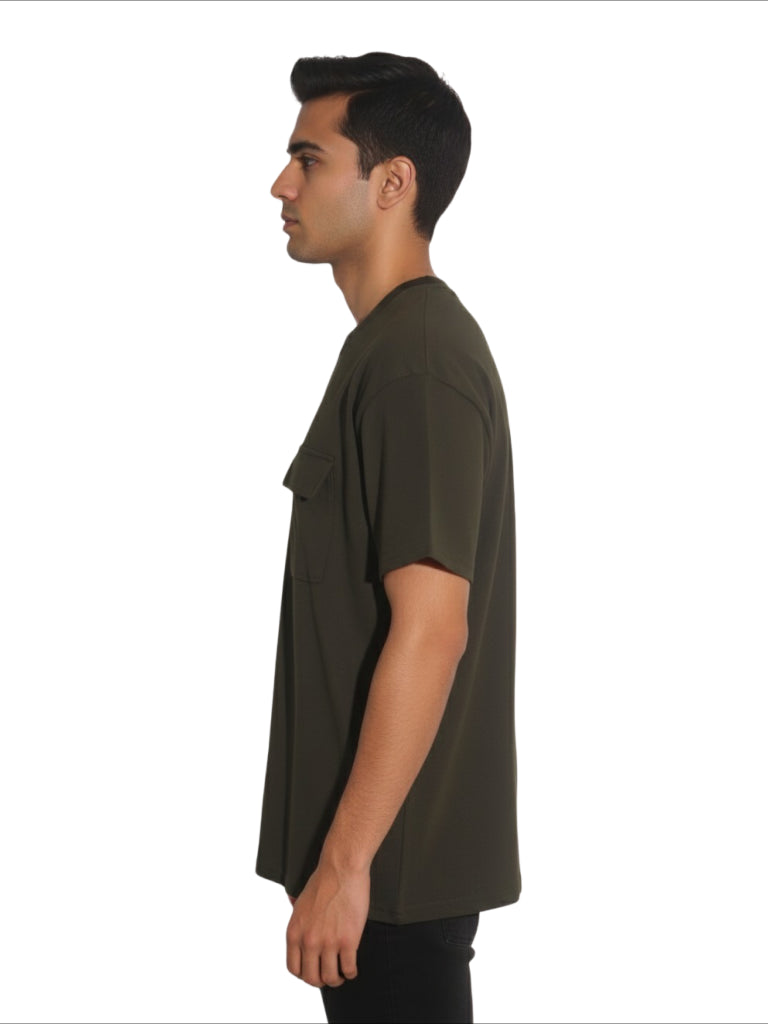 Shop Men's Cotton Plain Round Neck T Shirt With Pocket Left View - Olive
