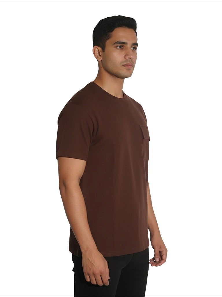 Shop Men’s Cotton Plain Round Neck T Shirt With Pocket Right View Pose - Dark Brown
