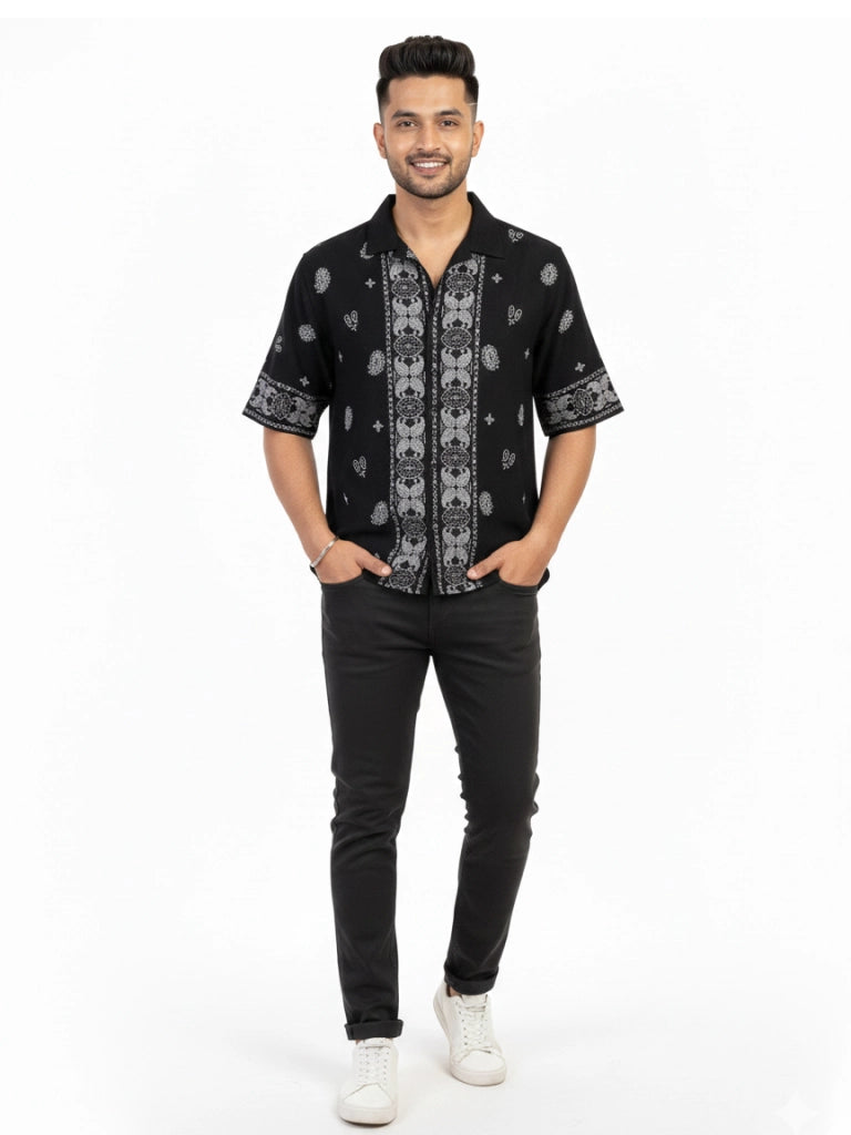 Shop Men's Cotton Printed Down Shoulder Shirt Full View - Black