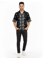 Shop Men's Cotton Printed Down Shoulder Shirt Full View - Black