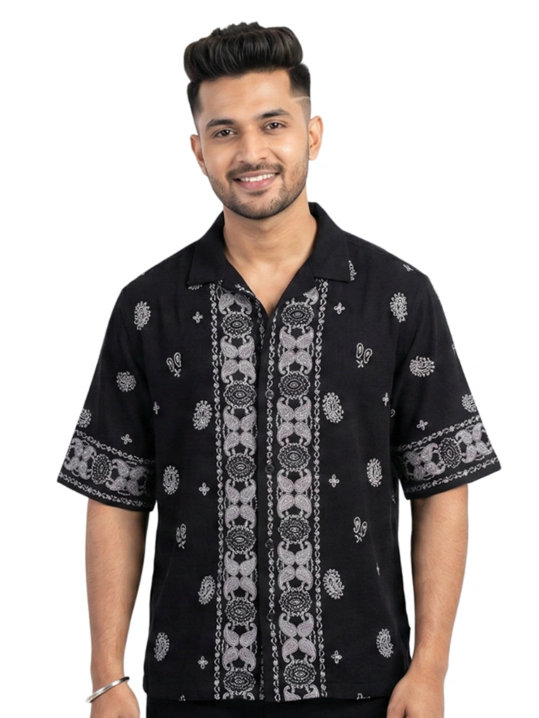 Shop Mens Cotton Printed Down Shoulder Shirt Full Front View - Black