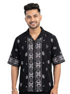 Shop Mens Cotton Printed Down Shoulder Shirt Full Front View - Black
