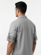 Shop Men's Cotton Printed Down Shoulder Shirt Back View - Grey