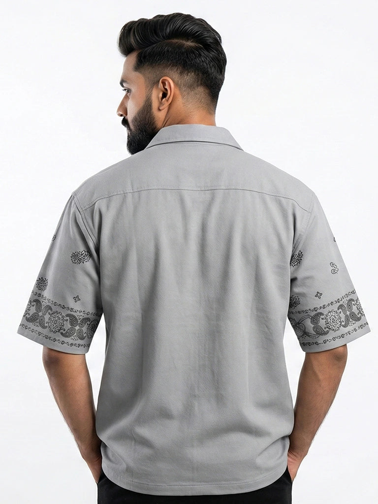 Shop Men's Cotton Printed Down Shoulder Shirt Back View - Grey