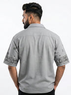 Shop Men's Cotton Printed Down Shoulder Shirt Back View - Grey