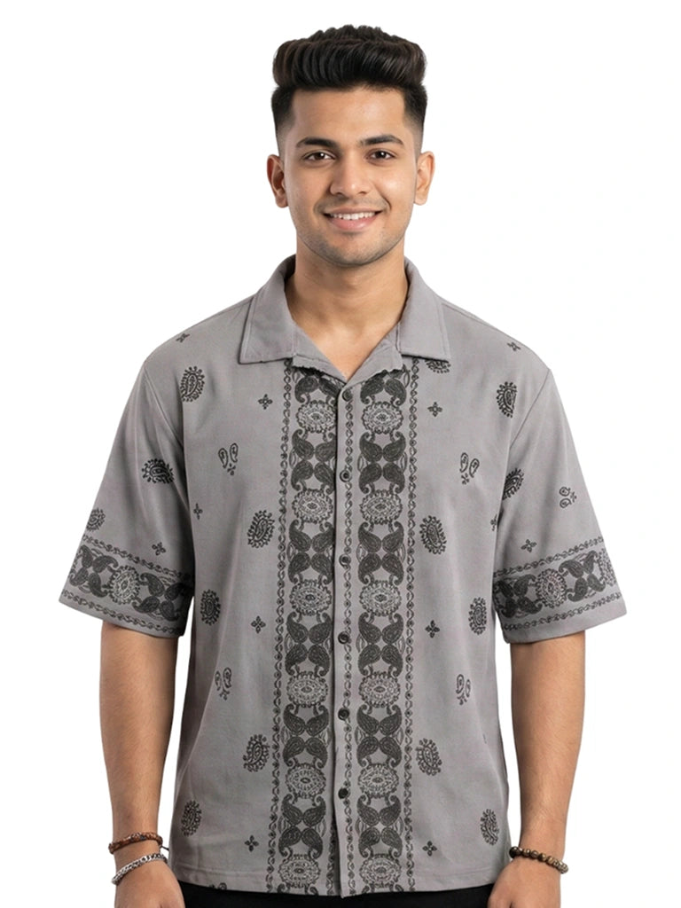 Shop Men's Cotton Printed Down Shoulder Shirt Front View - Grey
