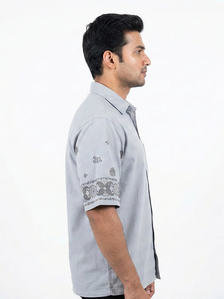 Shop Men's Cotton Printed Down Shoulder Shirt Right Full View - Grey