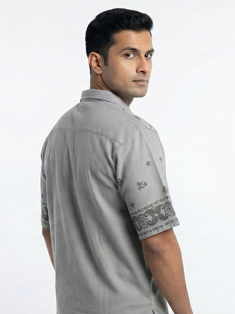 Shop Men's Cotton Printed Down Shoulder Shirt Right View - Grey