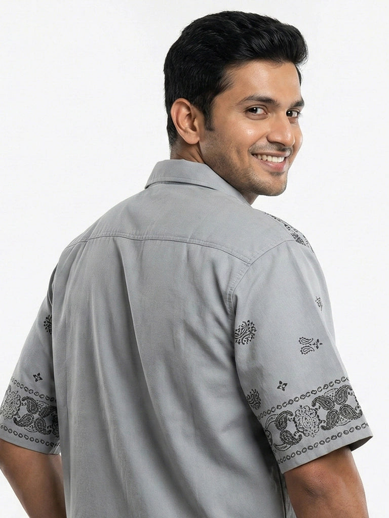 Shop Men's Cotton Printed Down Shoulder Shirt Right View - Grey