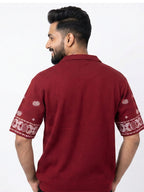 Shop Men's Cotton Printed Down Shoulder Shirt Back View - Red
