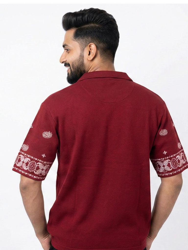 Shop Men's Cotton Printed Down Shoulder Shirt Back View - Red