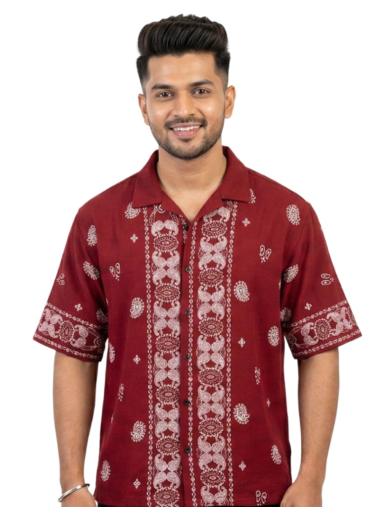 Shop Men's Cotton Printed Down Shoulder Shirt Full View - Red