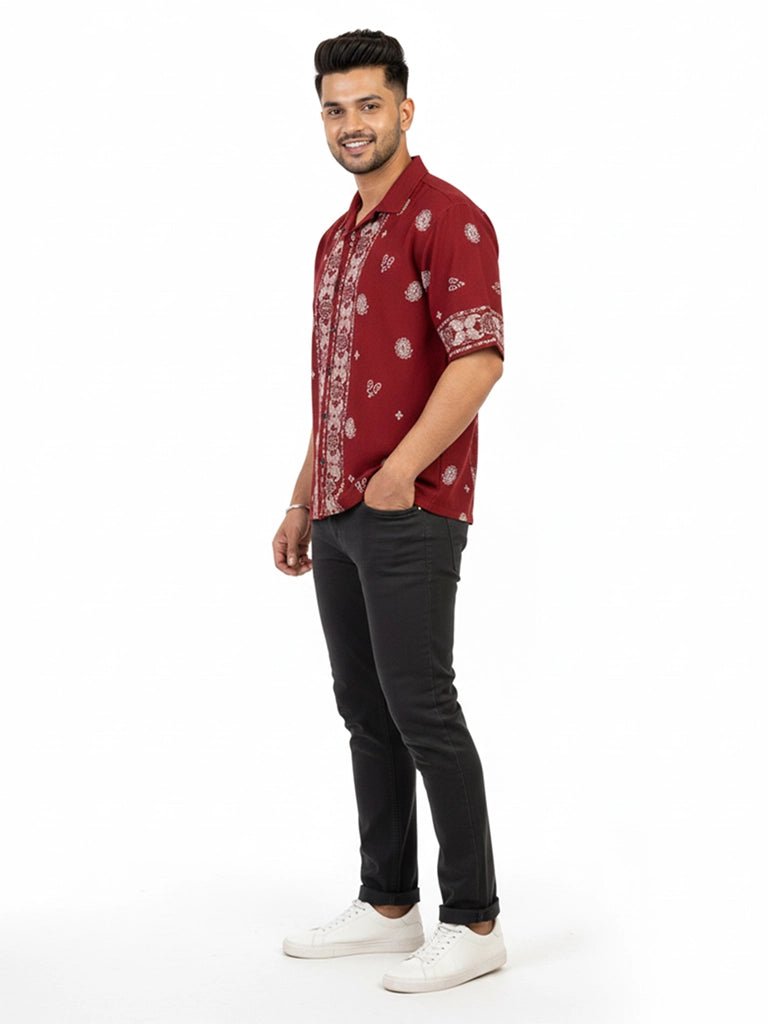 Shop Men's Cotton Printed Down Shoulder Shirt Full View - Red