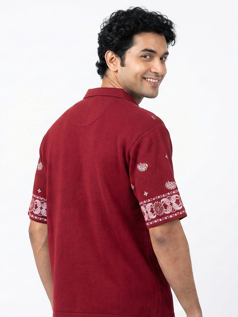 Shop Men's Cotton Printed Down Shoulder Shirt Right View - Red