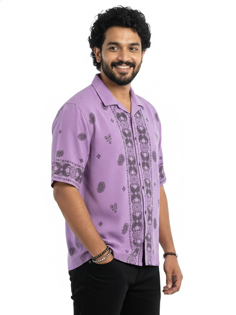 Shop Men's Cotton Printed Down Shoulder Shirt Full View - Violet