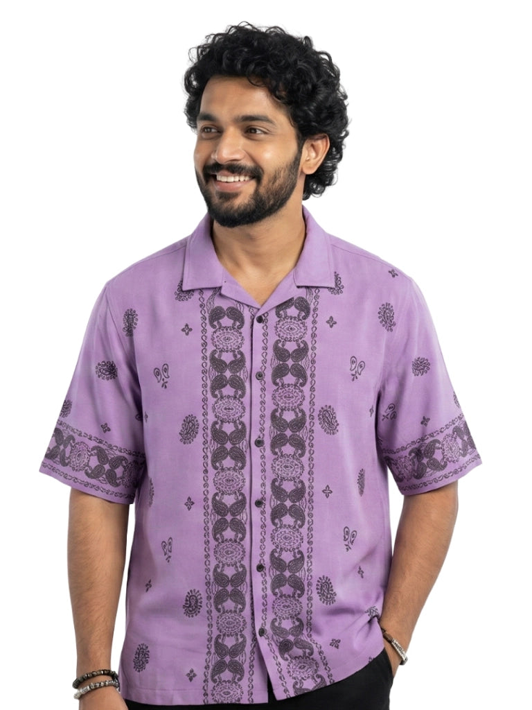 Shop Men's Cotton Printed Down Shoulder Shirt Front View - Violet