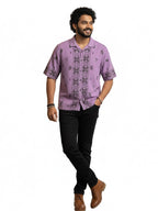 Shop Men's Cotton Printed Down Shoulder Shirt Full View - Violet
