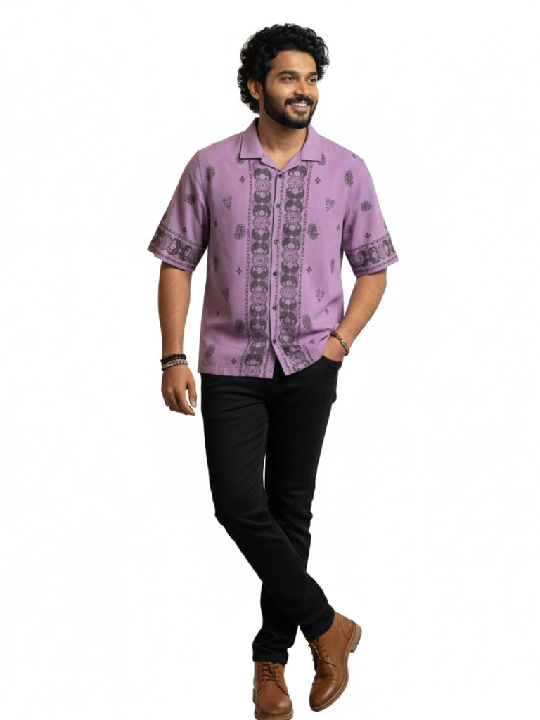 Shop Men's Cotton Printed Down Shoulder Shirt Full View - Violet