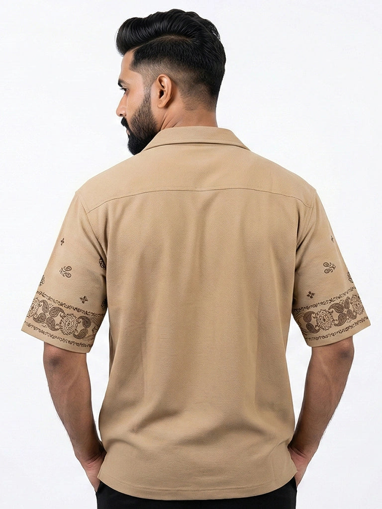 Shop Men's Cotton Printed Down Shoulder Shirt Back View - Mustard Yellow