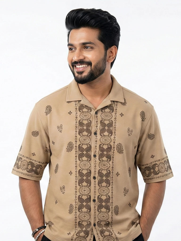 Shop Men's Cotton Printed Down Shoulder Shirt Front Angle View - Mustard Yellow