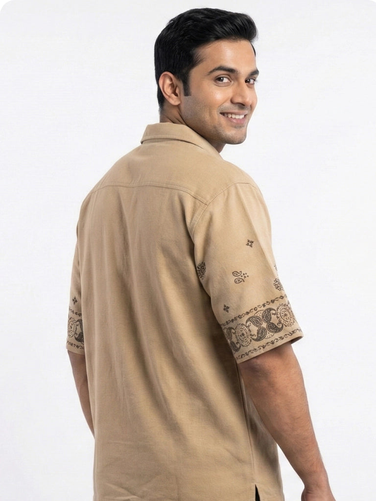 Shop Men's Cotton Printed Down Shoulder Shirt Right View - Mustard Yellow