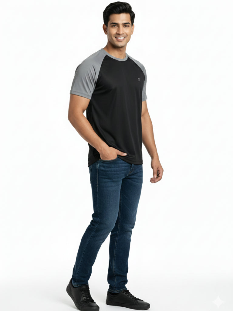 Men’s Quick Dry Color Block Raglan Sleeve T-Shirt Full View - Black 