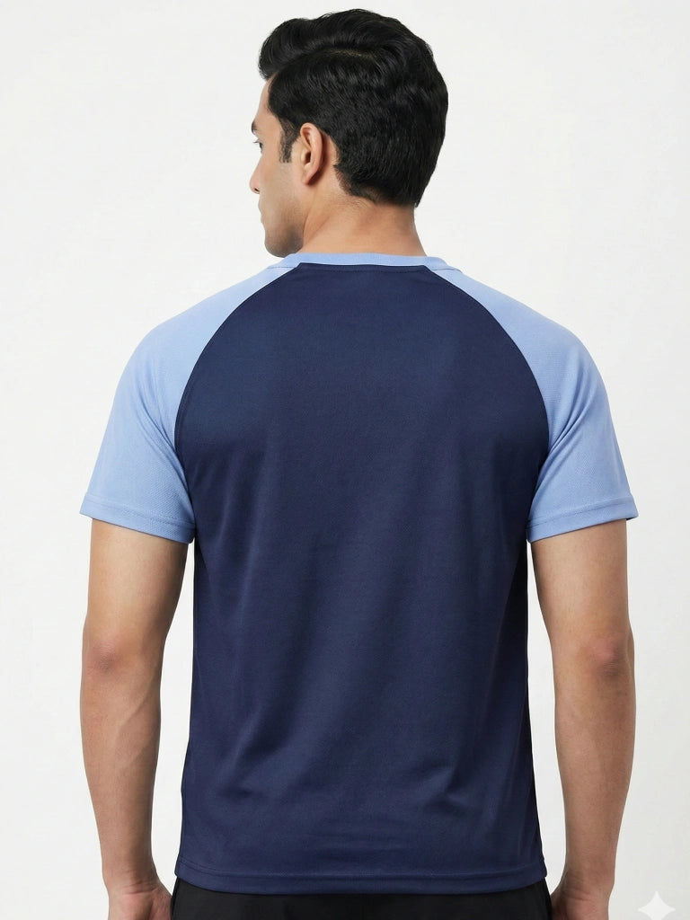 Men’s Quick Dry Color Block Raglan Sleeve T-Shirt Back View - Sky Blue