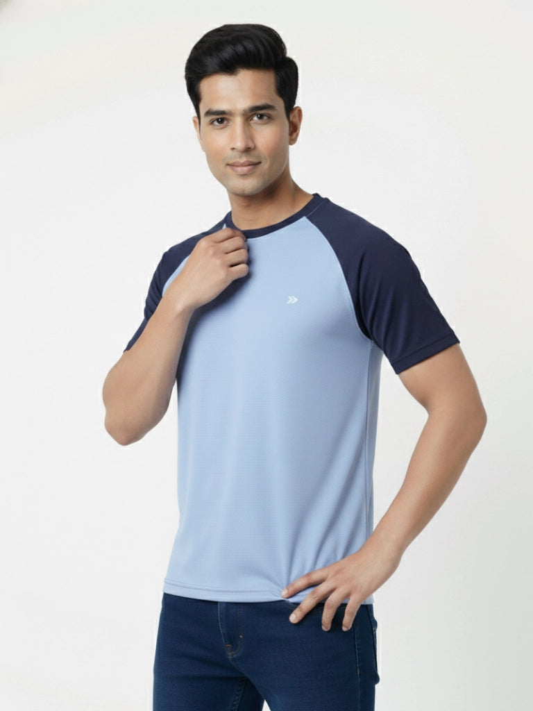 Men’s Quick Dry Color Block Raglan Sleeve T-Shirt Front View - Sky Blue