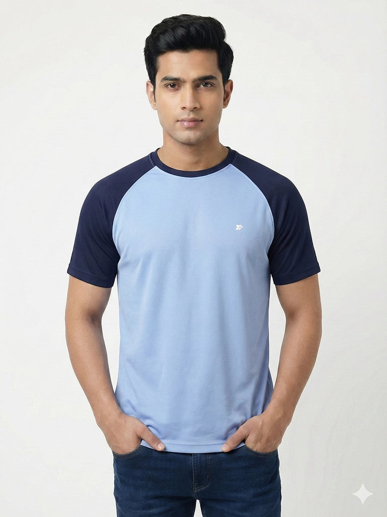 Men’s Quick Dry Color Block Raglan Sleeve T-Shirt Front View - Sky Blue