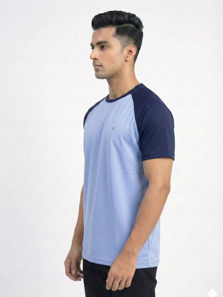 Men’s Quick Dry Color Block Raglan Sleeve T-Shirt Left View - Sky Blue