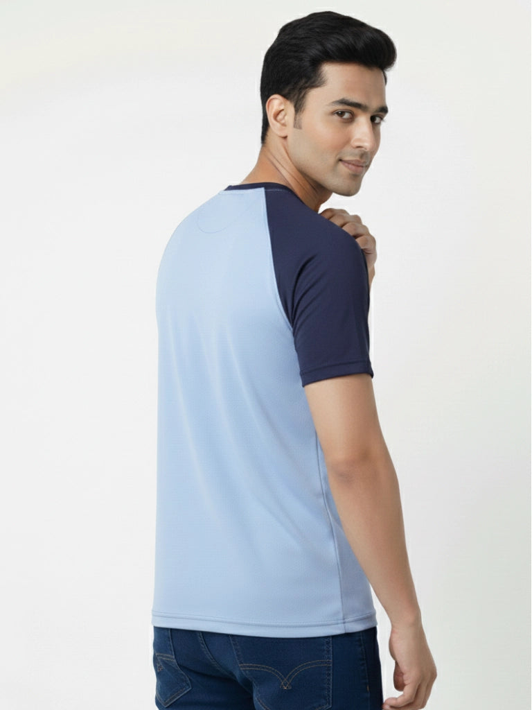 Men’s Quick Dry Color Block Raglan Sleeve T-Shirt Right View - Sky Blue