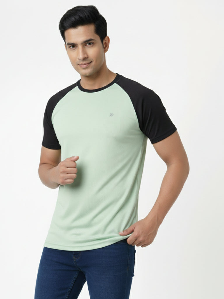 Men’s Quick Dry Color Block Raglan Sleeve T-Shirt Front View - Light Green