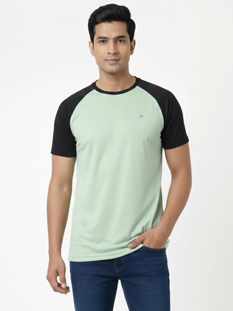 Men’s Quick Dry Color Block Raglan Sleeve T-Shirt Front View - Light Green