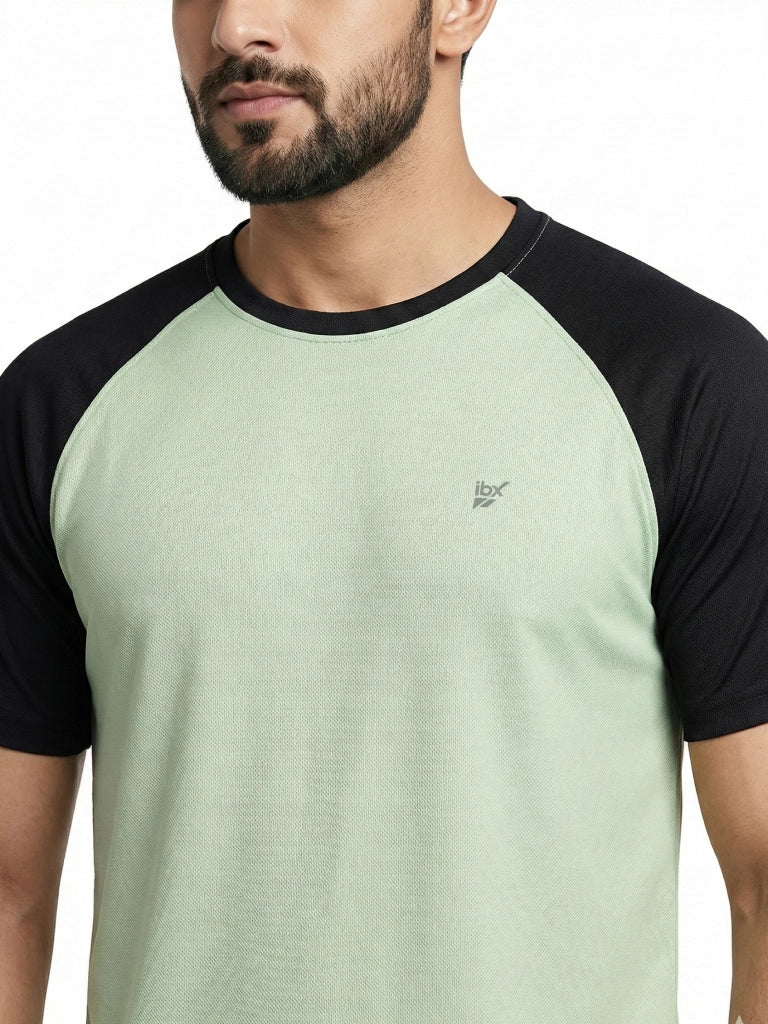 Men’s Quick Dry Color Block Raglan Sleeve T-Shirt Front View - Light Green