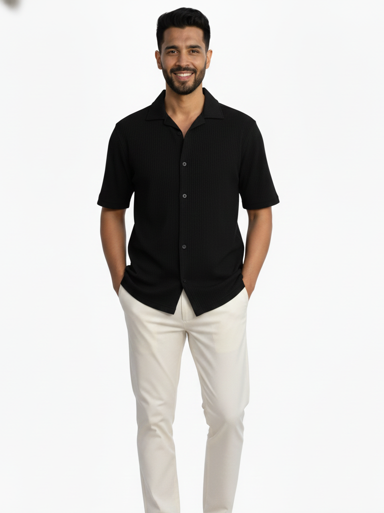 Shop Men's Half Sleeve Polyester Shirt Full View - Black 