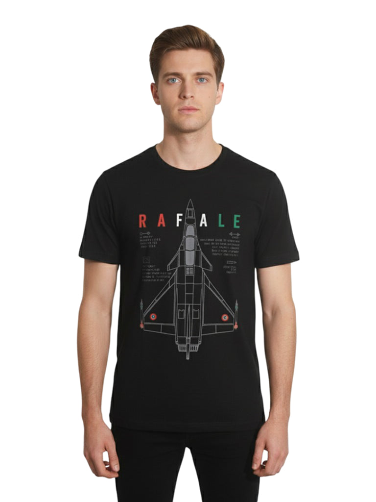 Men’s Round Neck Front & Back Printed Cotton T Shirts Front View - Black