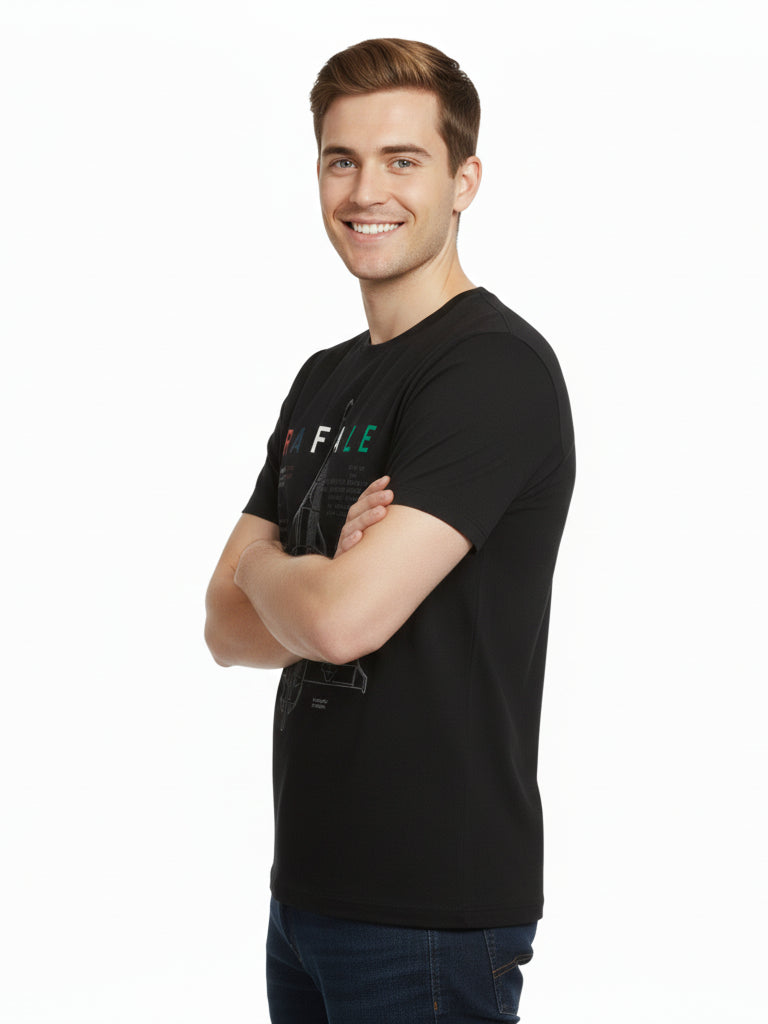 Men’s Round Neck Front & Back Printed Cotton T Shirts Left View - Black