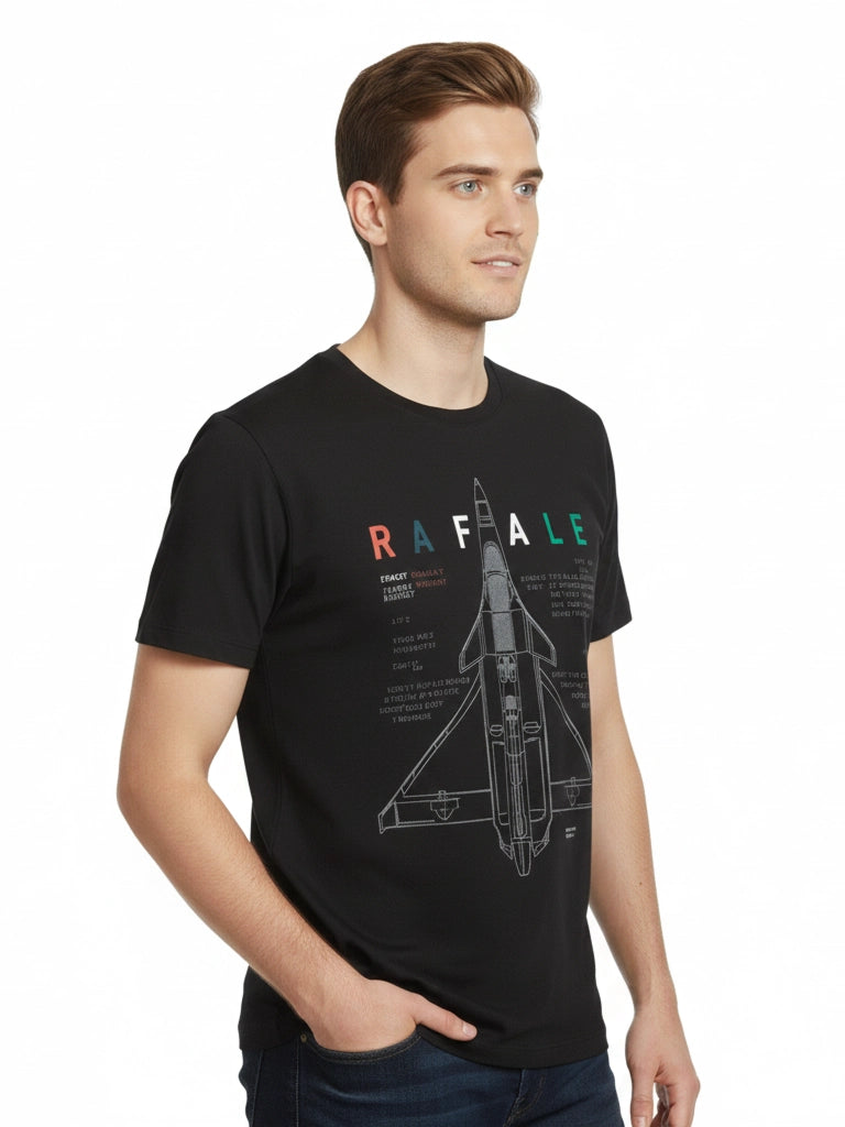 Men’s Round Neck Front & Back Printed Cotton T Shirts Right View - Black