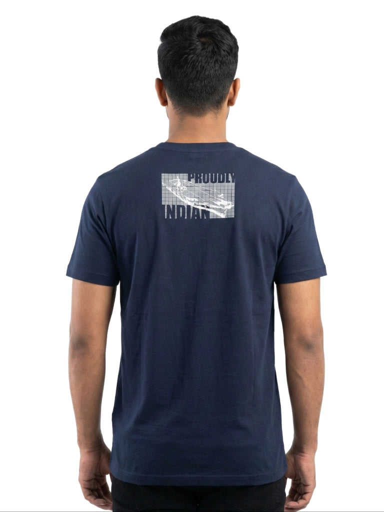 Men’s Round Neck Front & Back Printed Cotton T Shirts Back View - Dark Blue